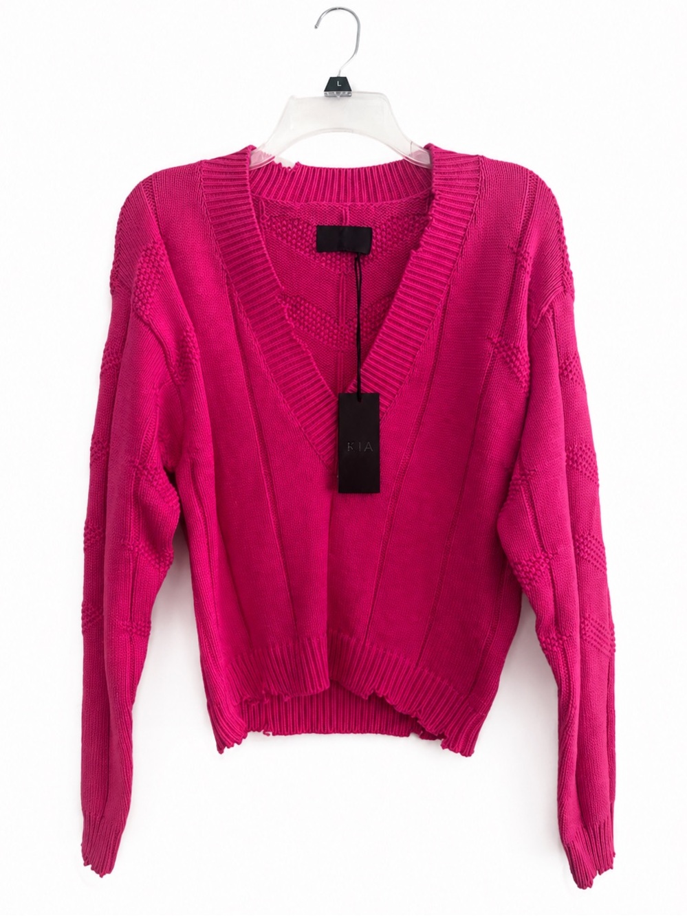 NEW RTA Alba Hot Pink V-Neck Distressed Knit Cotton Sweater XXS
